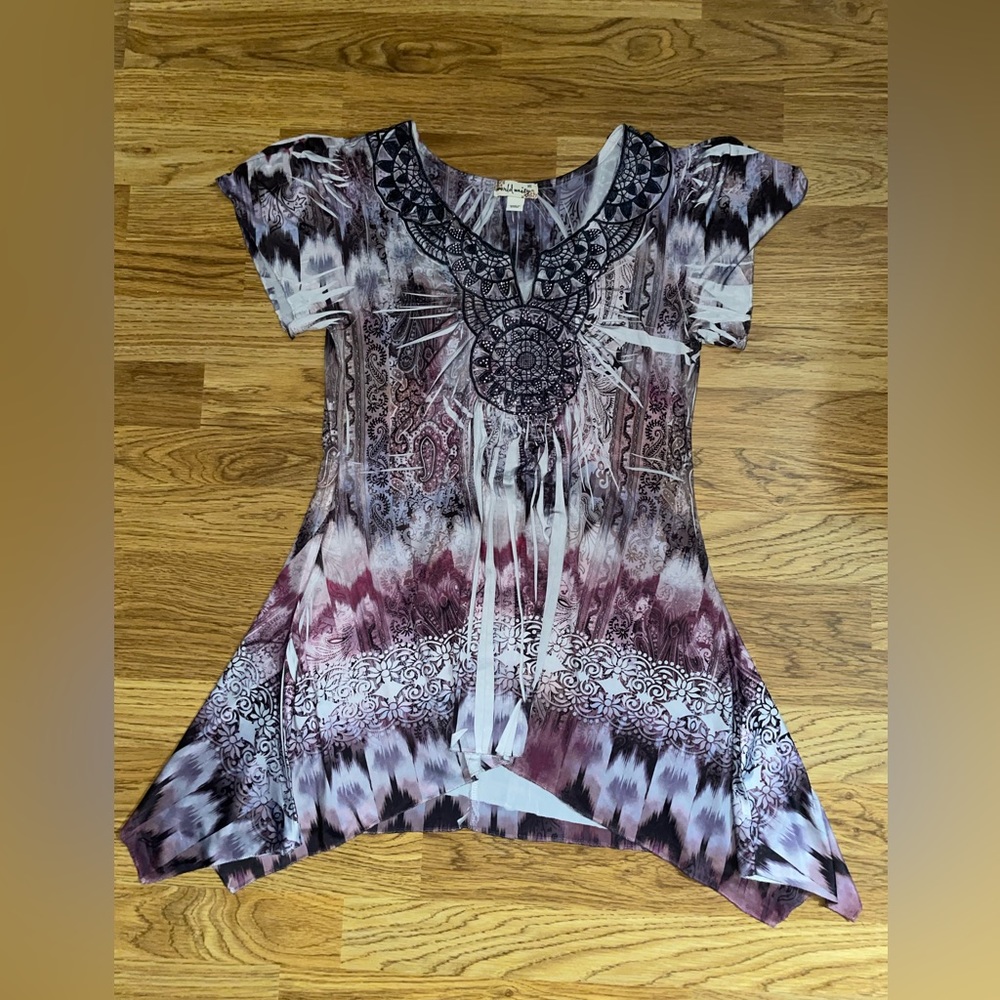 World Unity Silky Asymmetrical Blouse Women’s XS Purple Jewels